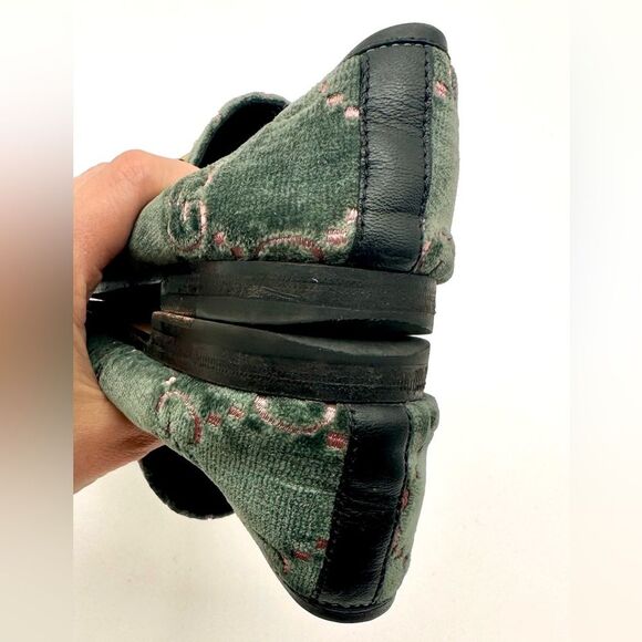 Gucci Jordaan GG Monogram Velvet Loafers Horsebit Flats Green & Pink EU 37 US 7 - Picture 10 of 11